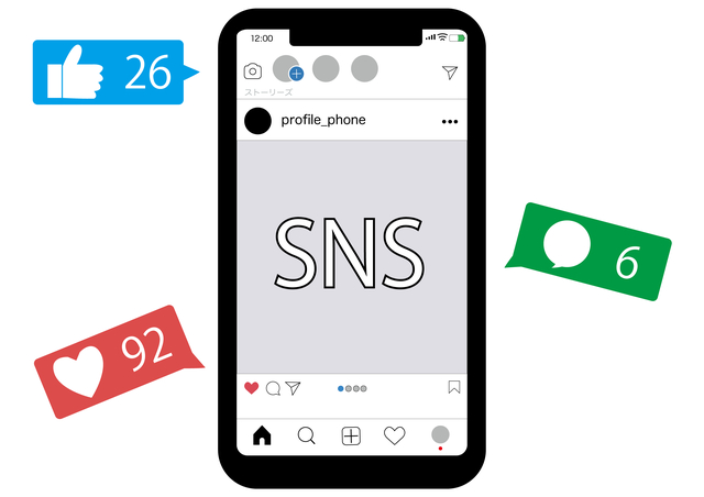 スマートフォンに表示したSNSにいいねやコメントがつく