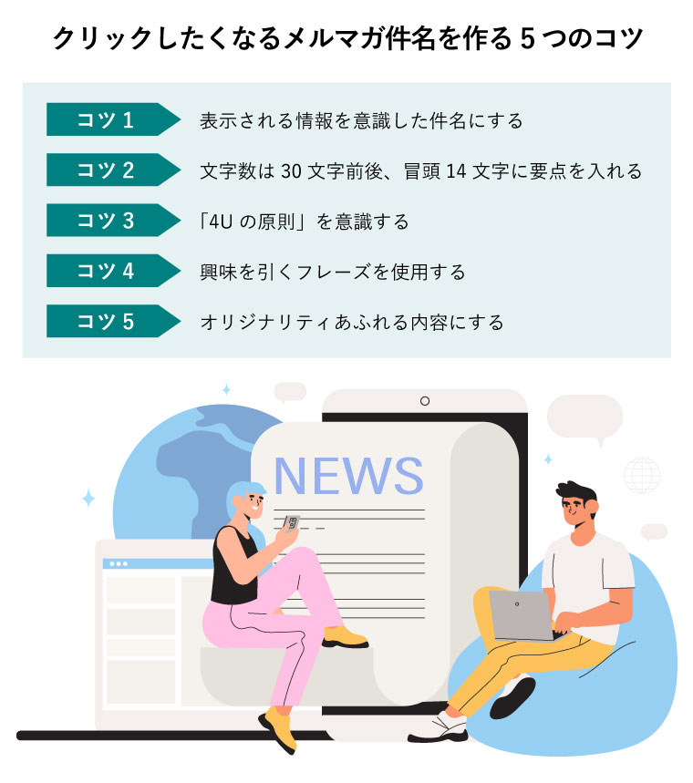 クリックしたくなるメルマガ件名を作る5つのコツ（ニュース記事の配信手配をする2人のビジネスパーソン）